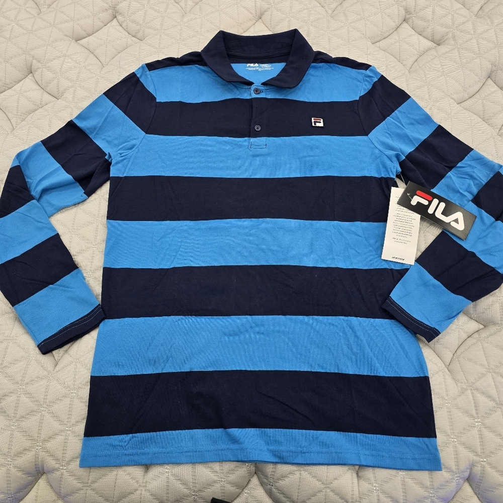Fila Heritage Men's Navy Blue Striped Polo Rugby Shirt - Size Small